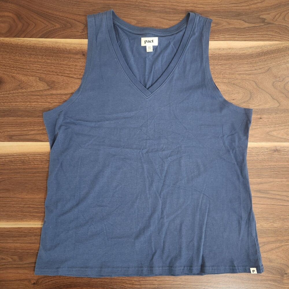 Pact Organic Cotton Womens XL Sleeveless Navy Blue Tank Top Wide Strap V Neck